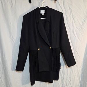 Joseph Ribkoff Vintage Sz 8 Black Double-Breasted Fringe Jacket Pencil Skirt Set